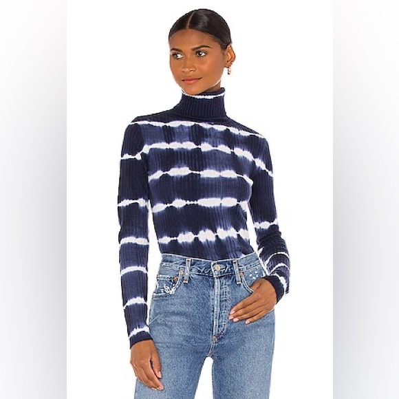 AUTUMN CASHMERE Tie Dye Navy Blue & Chalk White Ribbed Turtleneck Sweater EUC L - Picture 1 of 10